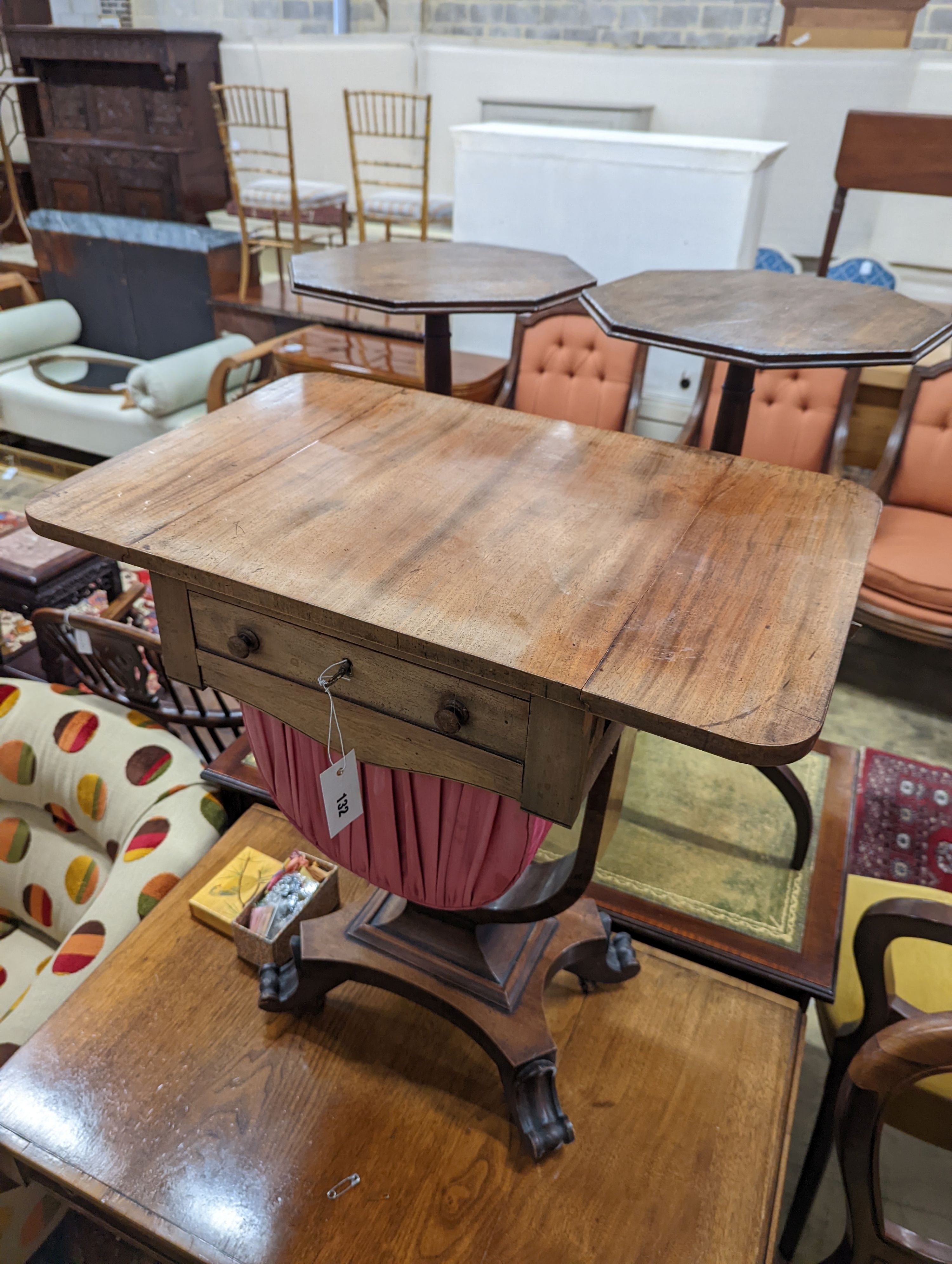 An early Victorian mahogany drop flap work table, width 64cm extended, depth 42cm, height 69cm